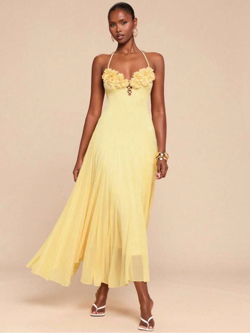 Yellow Floral-Detail Halter Midi Dress